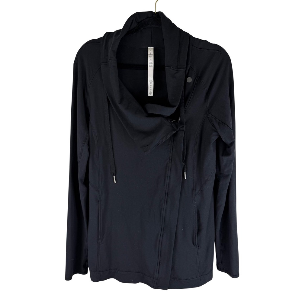 Lululemon Coast Easy Wrap Black Asymmetrical Zip Jacket Cowl Neck Size 10